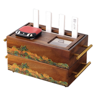 家用中式实木插座排插遮挡路由器光猫收纳神器桌面整理集线盒高档