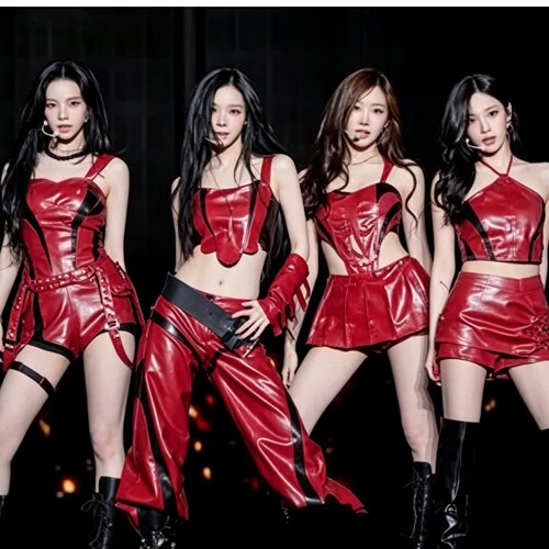 韩国女团aespa舞台同款红色皮套装打歌服kpop爵士舞表演出服皮衣