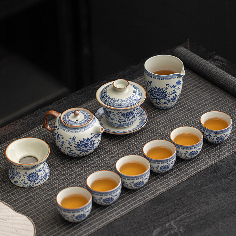 汝窑青花茶具套装2024新款家用泡茶器轻奢高档功夫茶杯盖碗礼盒装