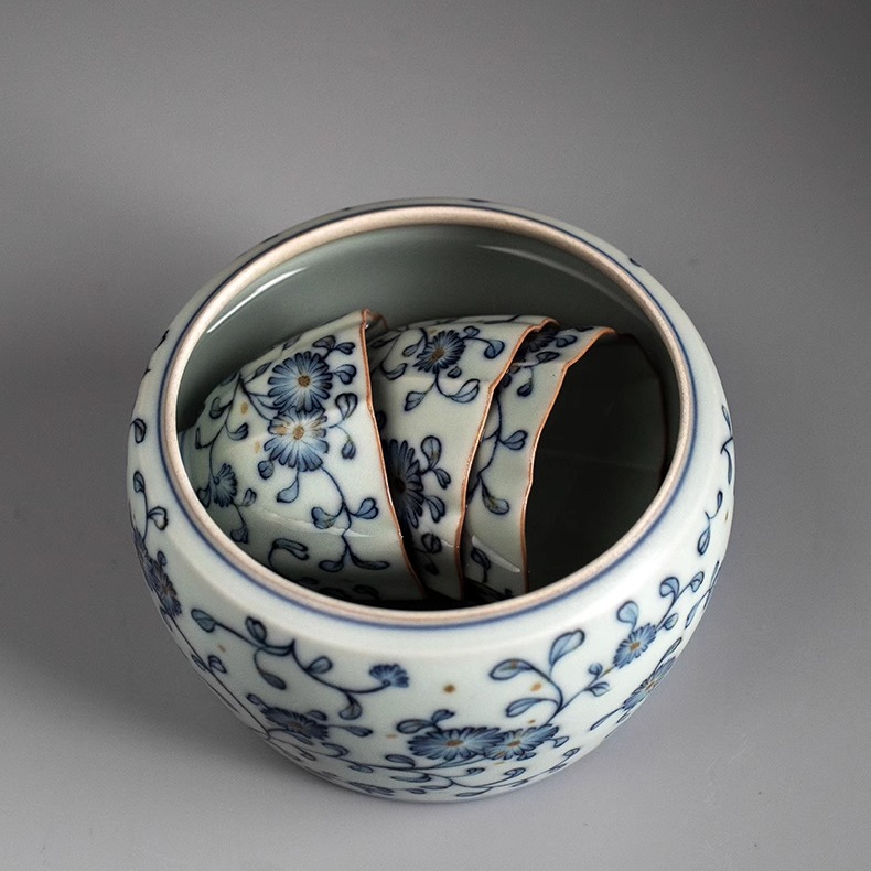 汝窑青花高端茶渣缸陶瓷建水小大号水盂废水桶烟灰缸茶具配件水缸