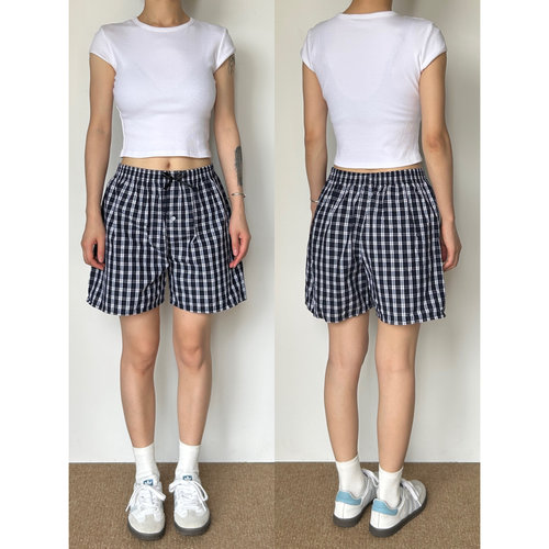 圆圈CIRCLE纯棉黑白格宽松休闲平角裤高腰全棉舒适薄款夏季短裤女