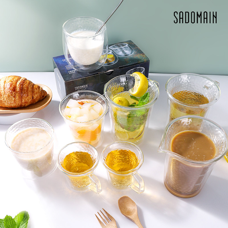 仙德曼双层玻璃杯耐高温加厚咖啡水杯防烫锤纹酒杯带把手牛奶杯