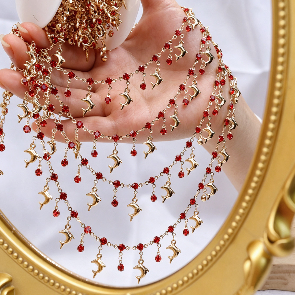 diy饰品链条 合金海豚链条红色水钻吊坠手工diy装饰链条手工