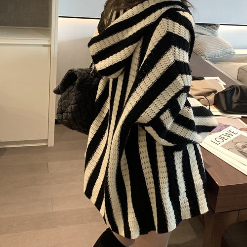 欧美Bea Edition高颜值⭐舒适黑白竖条纹连帽外套高级针织开衫女