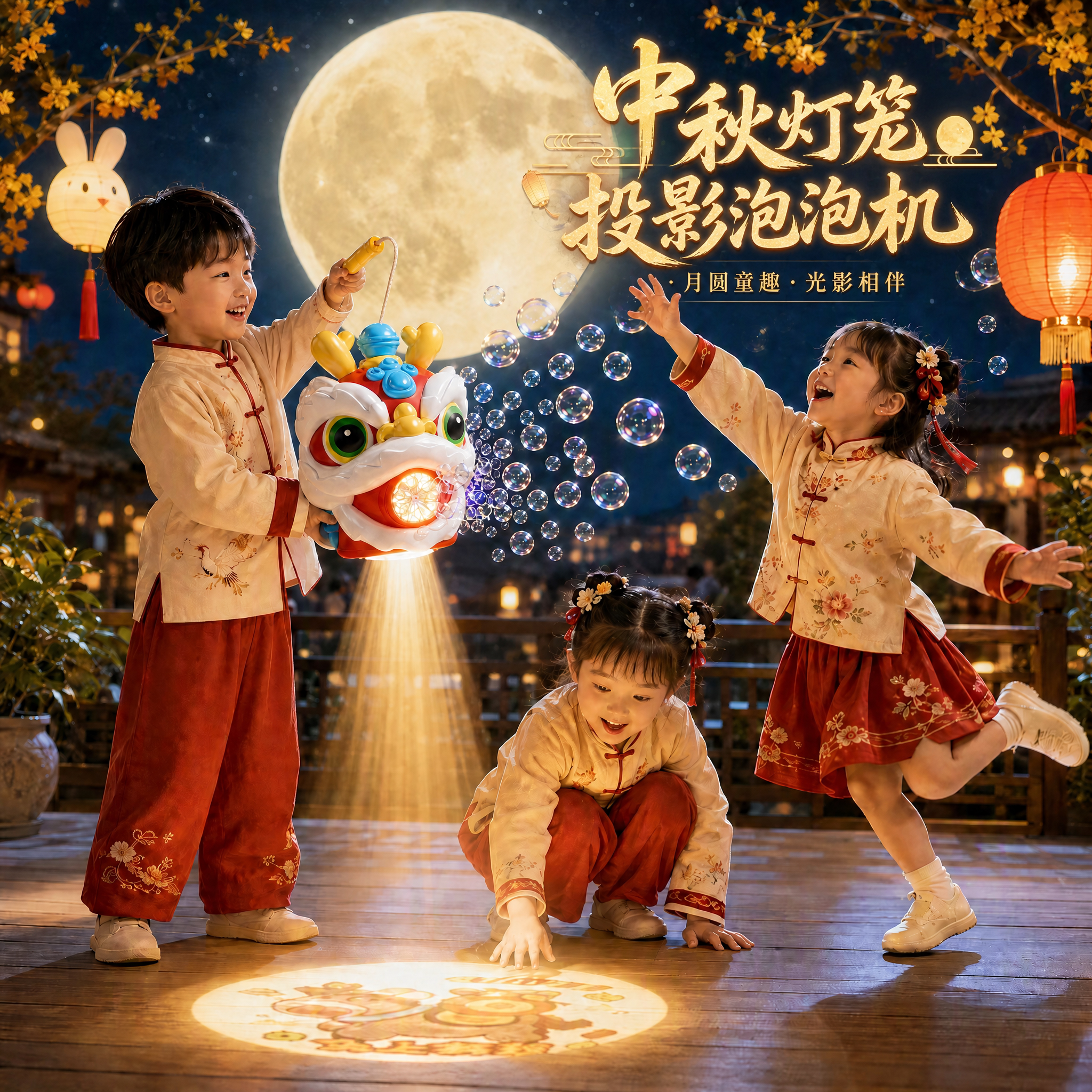 中秋节灯笼儿童手提投影发光玩具醒狮灯笼吹泡泡机2026新款的户外
