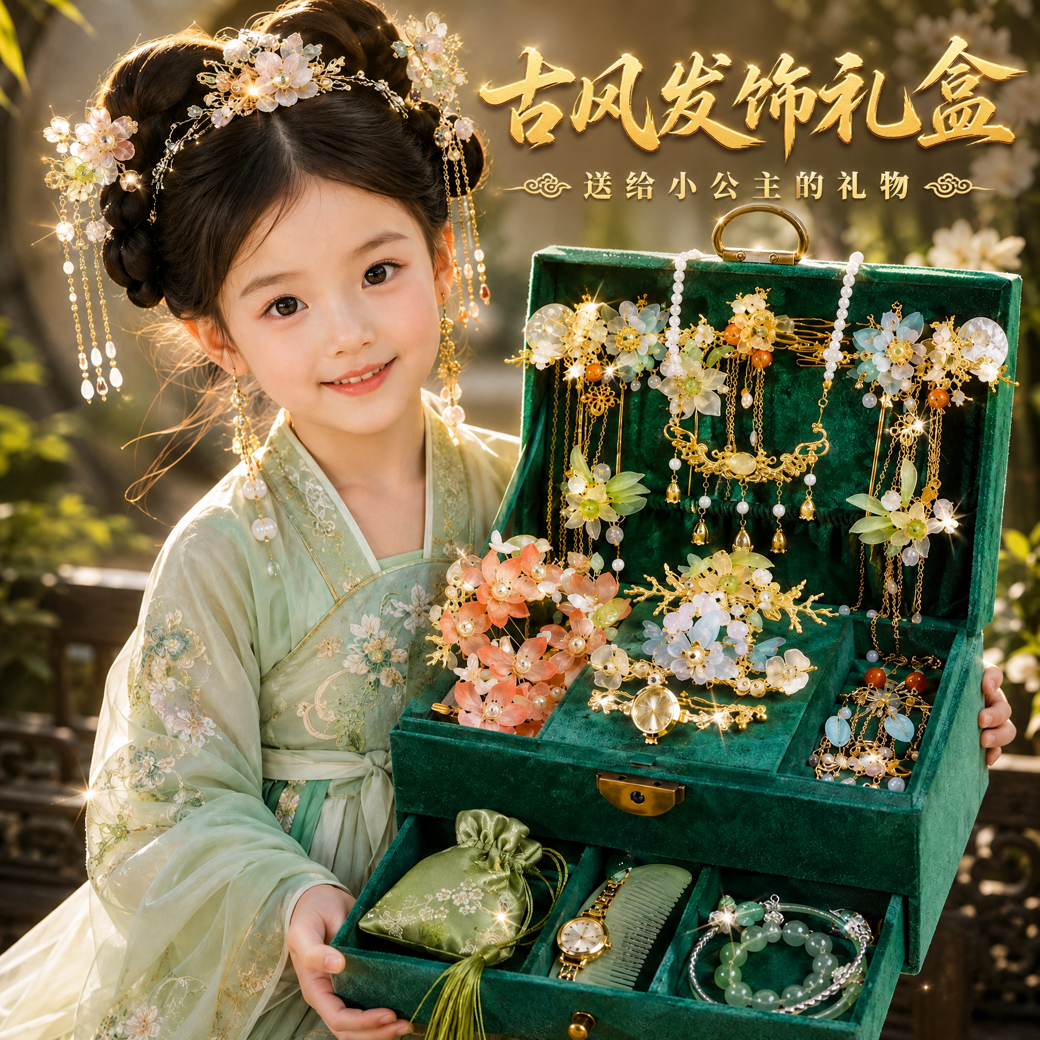 儿童古风发饰礼盒汉服生日礼物图片
