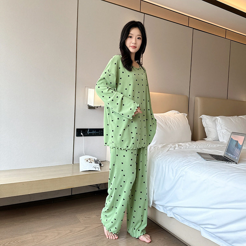 日系CherryKoko秋冬大码女士印花睡衣木耳边可外穿甜美家居服套装