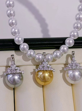 日系coss kokodiy配件 s925银珍珠吊坠空托 精美皇冠项坠银托 可