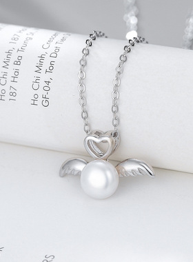 日系coss koko时尚项链s925银天使翅膀珍珠吊坠女diy空托胎发