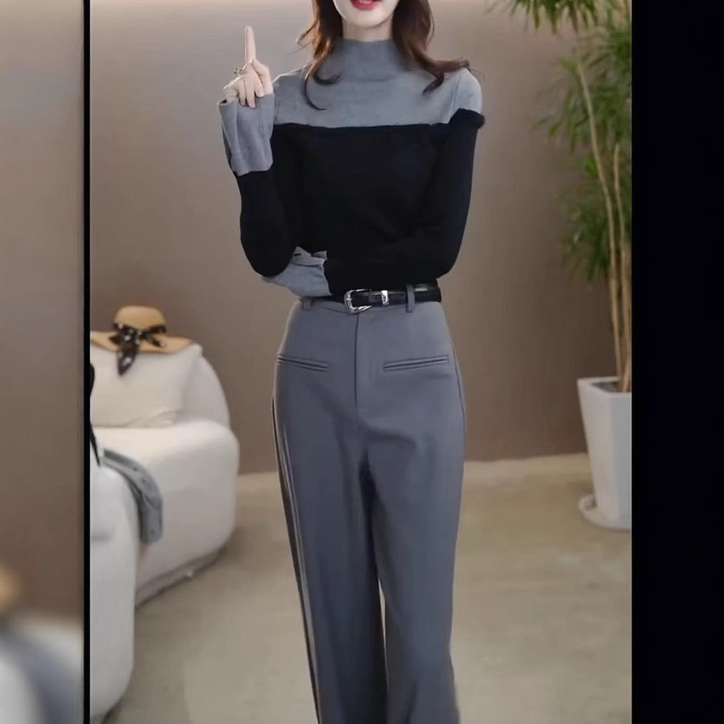 日系coss koko秋季新款拼接半高领修身打底衫高腰西裤女装