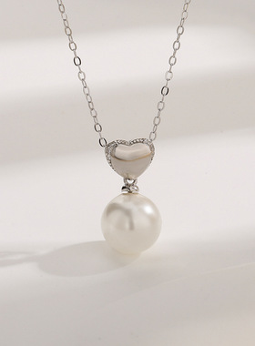 日系coss kokos925银爱心珍珠吊坠女百搭甜美清新心形项链七夕