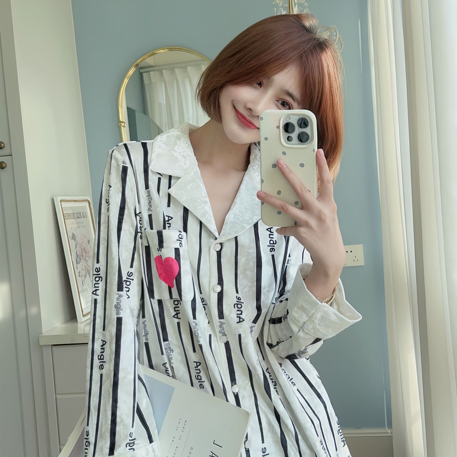 日系cherrykoko秋冬新款时尚条纹字母女士睡衣加厚保暖金丝绒甜美