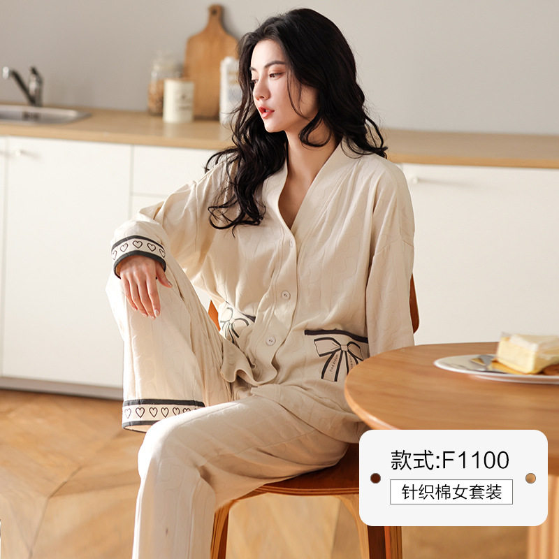 日系cherrykoko春秋季棉长袖开衫睡衣女v领女士长裤家居服套装