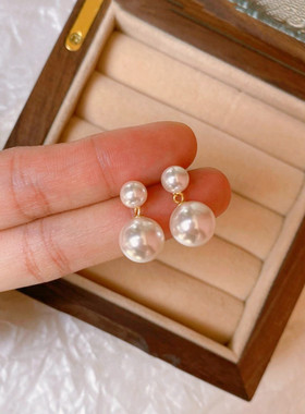 日系coss koko925银双珍珠耳钉女法式复古高级感贝珠耳坠diy空托