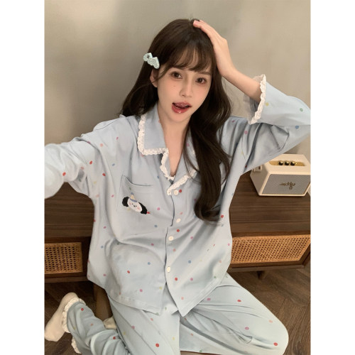 法国Gentle Motto彩色波点小狗睡衣女春秋款可爱蕾丝花边高级感