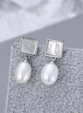 日系coss koko淡水珍珠耳钉s925银时尚简约贝壳耳环diy空托