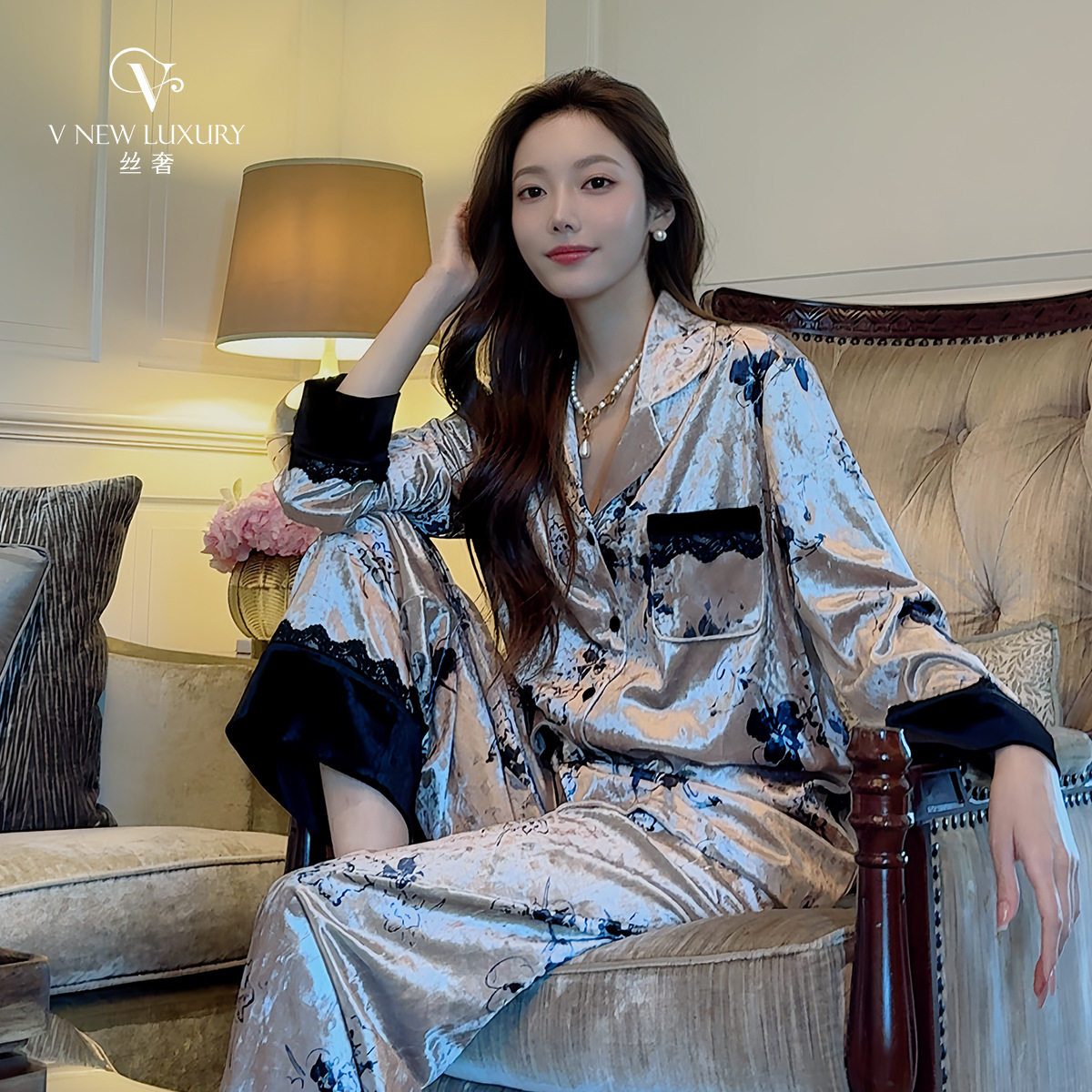 日系cherrykoko丝奢家居服v7t3159 金丝绒睡衣女宫廷风高贵厚款