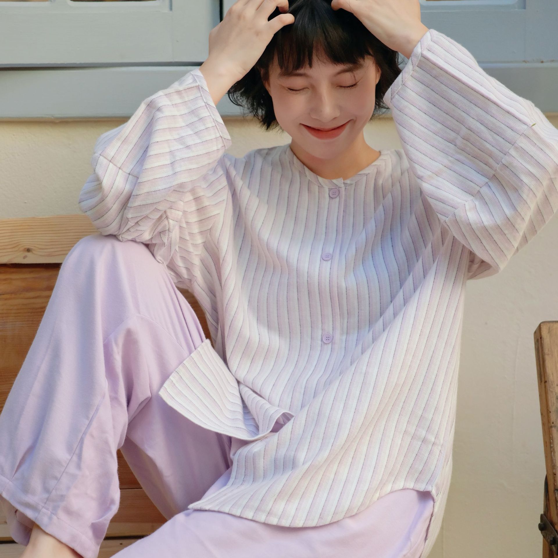 日系cherrykoko休闲简约高级感梭织棉衬衫风睡衣女春秋全棉套装