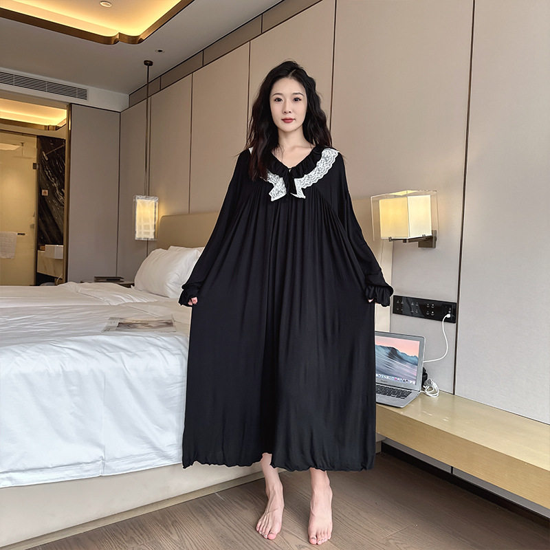 日系CherryKoko长袖睡裙甜美大码睡衣加大加肥莫代尔舒适透气可外