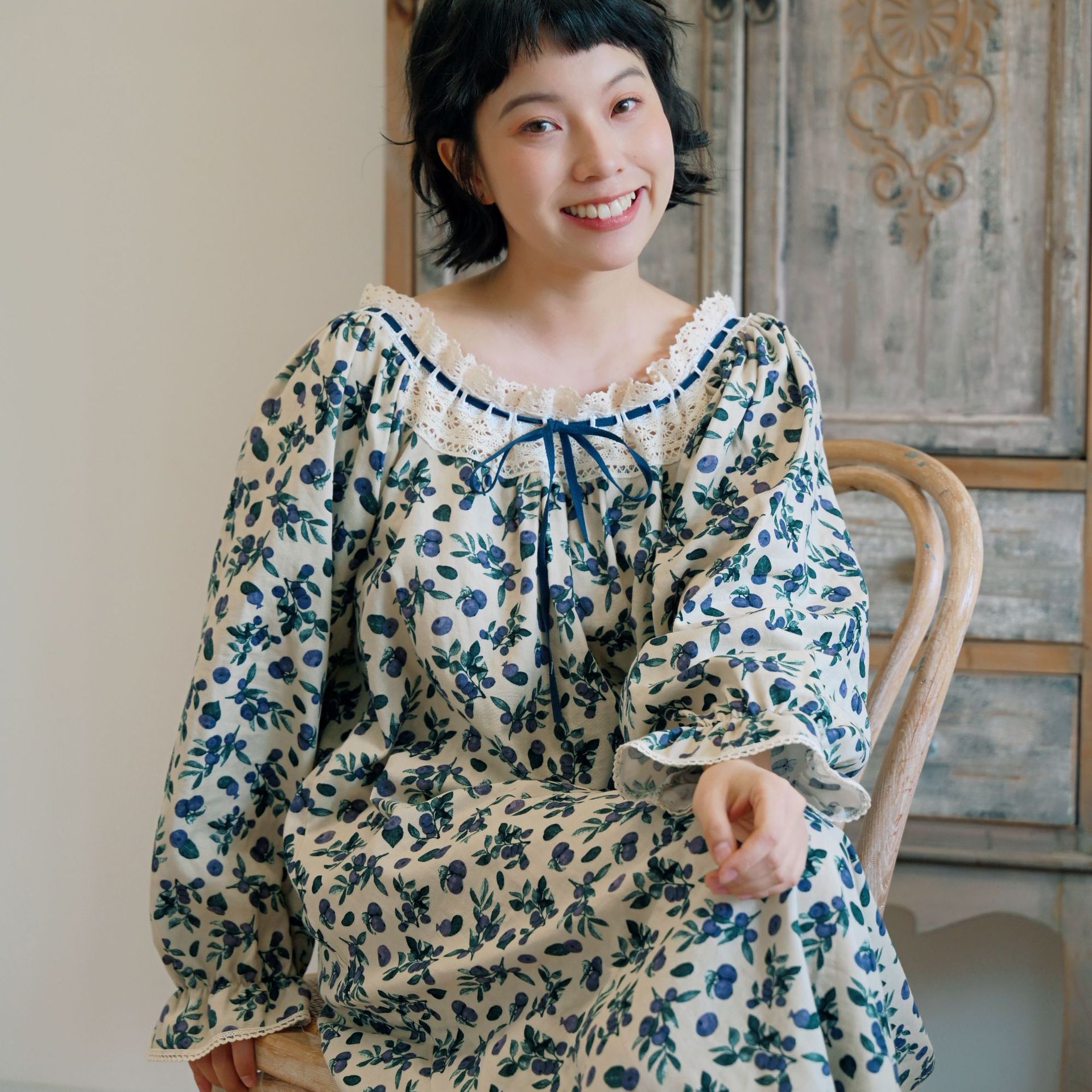 日系cherrykoko一字肩复古长袖睡裙女棉双层纱法式氛围睡衣裙夏季