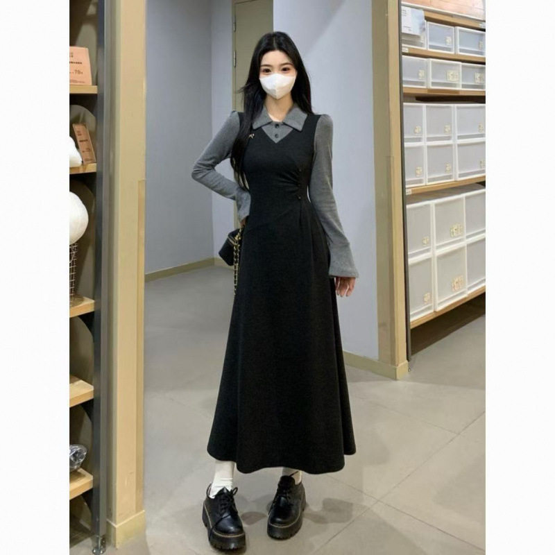 日系cherrykoko法式复古连衣裙女秋冬气质设计感假两件拼接微胖
