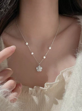 日系coss koko法式小香风山茶花珍珠项链925银轻奢小众高级感