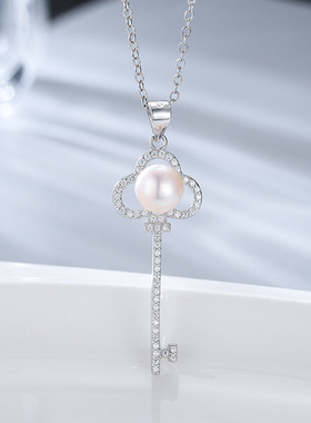 日系coss kokos925银淡水珍珠钥匙项链简约长款百搭女款吊坠diy