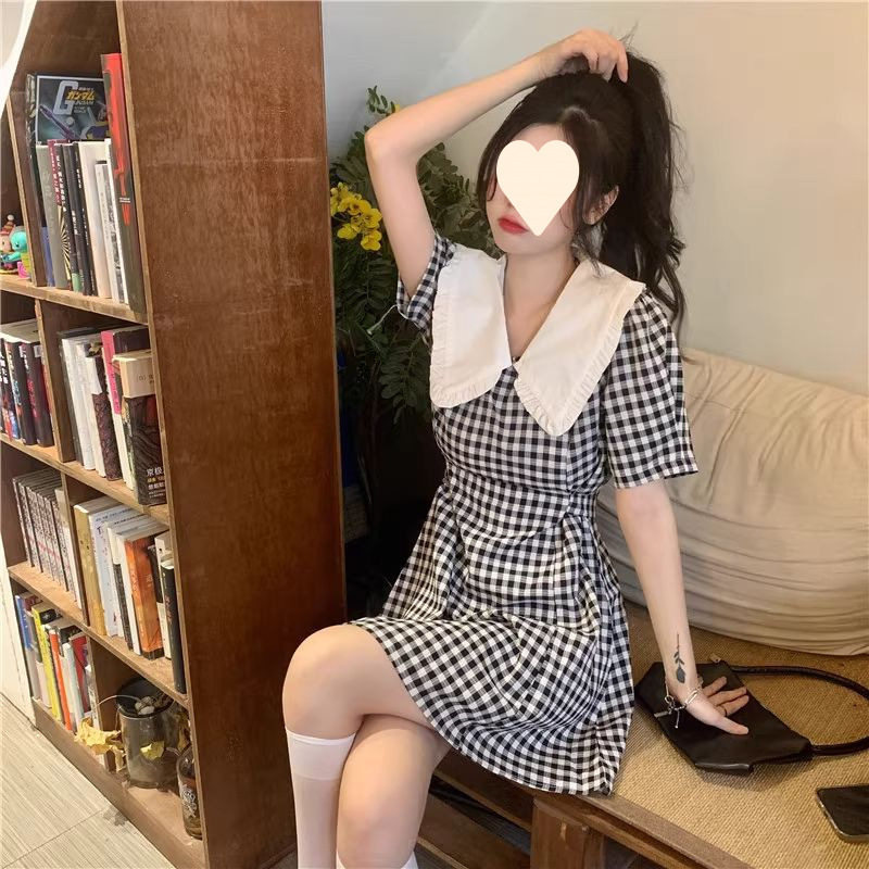日系cherrykoko娃娃领格子拼接连衣短裙女夏法式短袖一步裙可爱