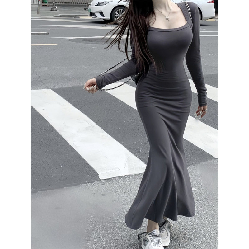 日系cherrykoko辣妹风黑色方领长袖连衣裙女秋冬季内搭打底裙子