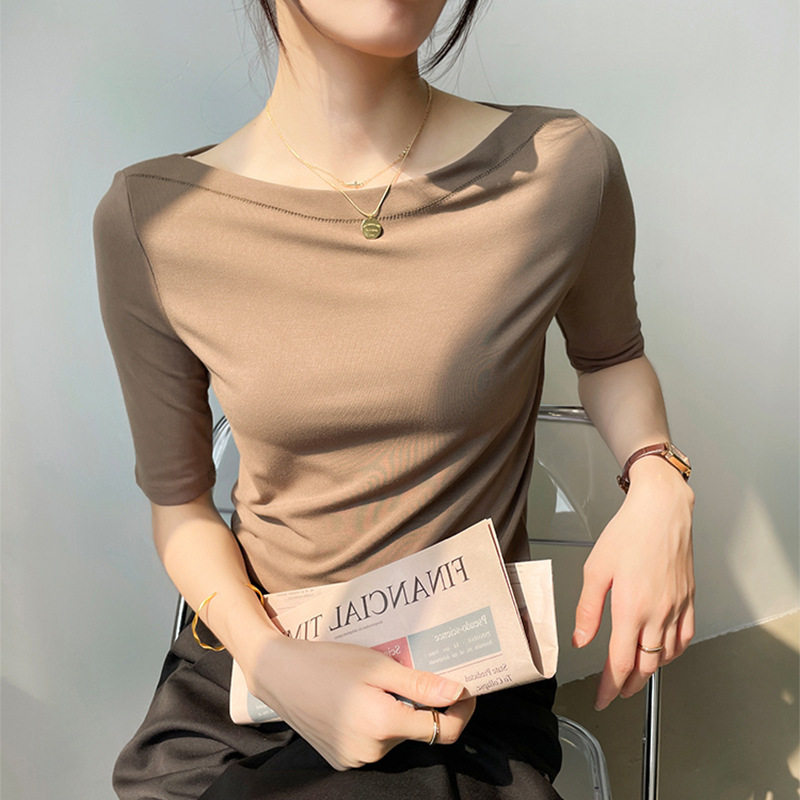 日系cherrykoko正肩五分袖短袖t恤女夏季一字肩白色高级感莫代尔