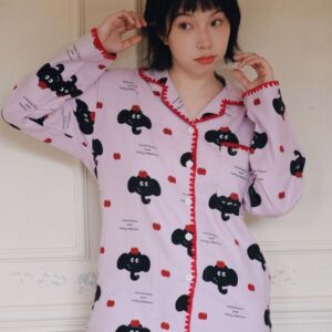 日系cherrykoko小象贝壳勾边全棉磨毛睡衣女秋冬款保暖棉长袖