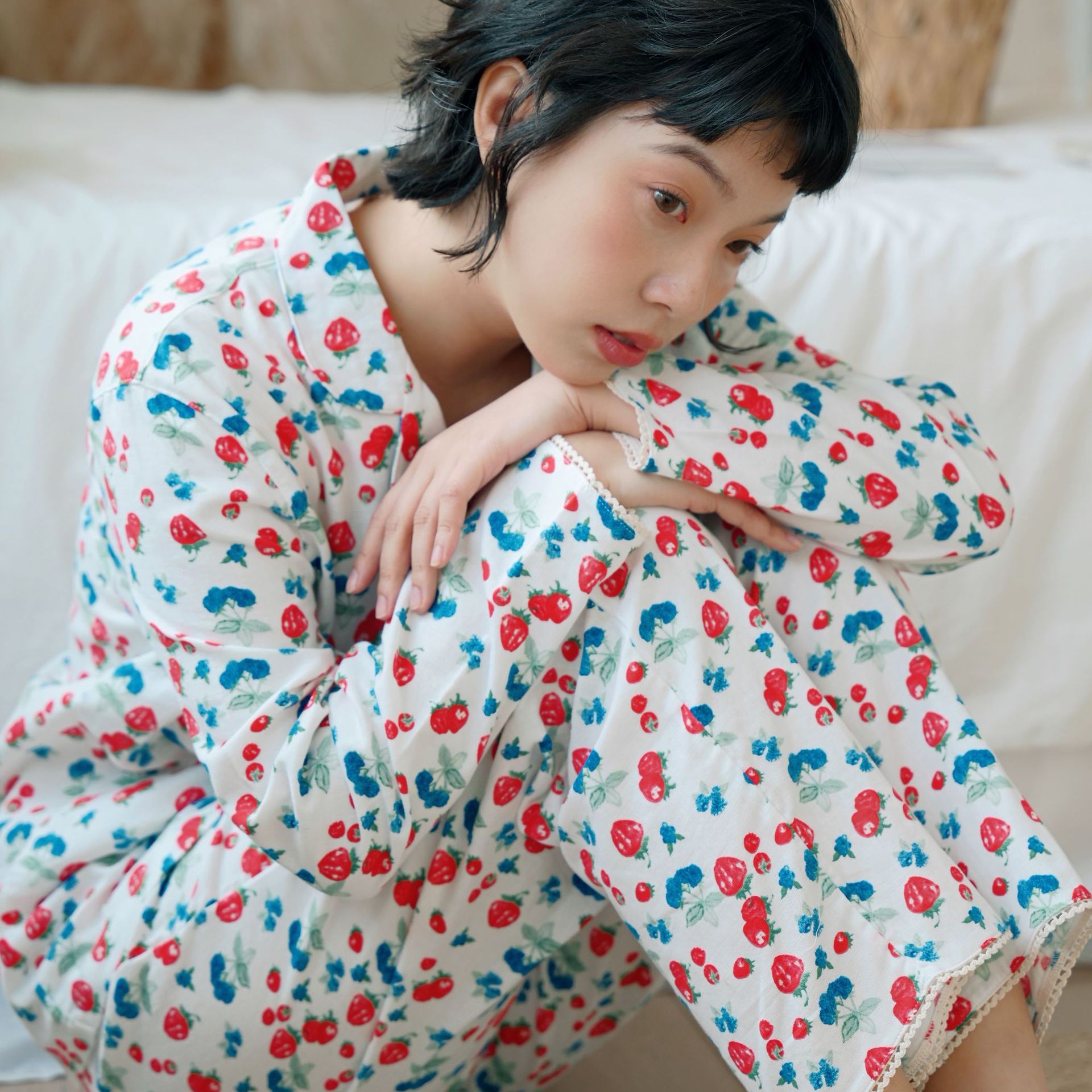日系cherrykoko出口印花睡衣女款高级感棉家居服大码长袖套装薄款