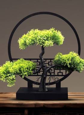 玄关迎客松盆景新中式客厅办公室仿真绿植装饰品桌面摆件塑料屏风