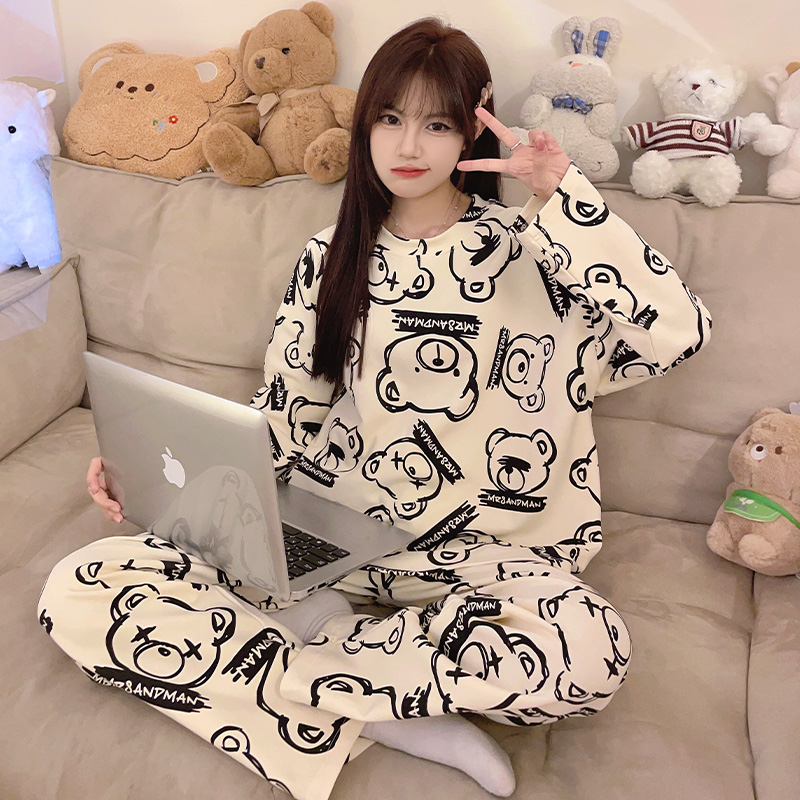 睡衣女款春秋季2023新款秋冬纯棉长袖套头可爱小熊女生家居服套装