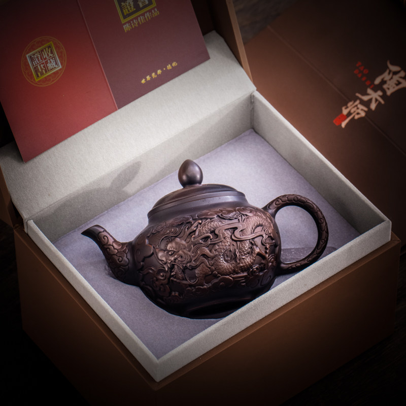紫陶茶壶纯手工深堆雕龙凤原矿紫砂壶陶瓷功夫茶具大容量泡茶单壶