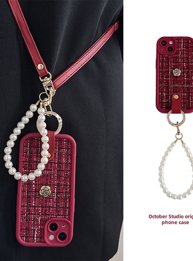 红米note14pro+手机壳note12/13pro酒红色小米note11tpro斜挎挂绳turbo3小香风k80珍珠链条k70山茶花k60女k50