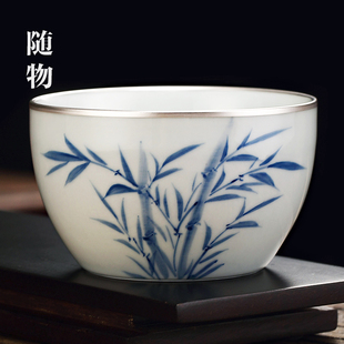 描银青花瓷主人杯陶瓷大号品茗杯茶杯个人专用单杯普洱茶碗景德镇