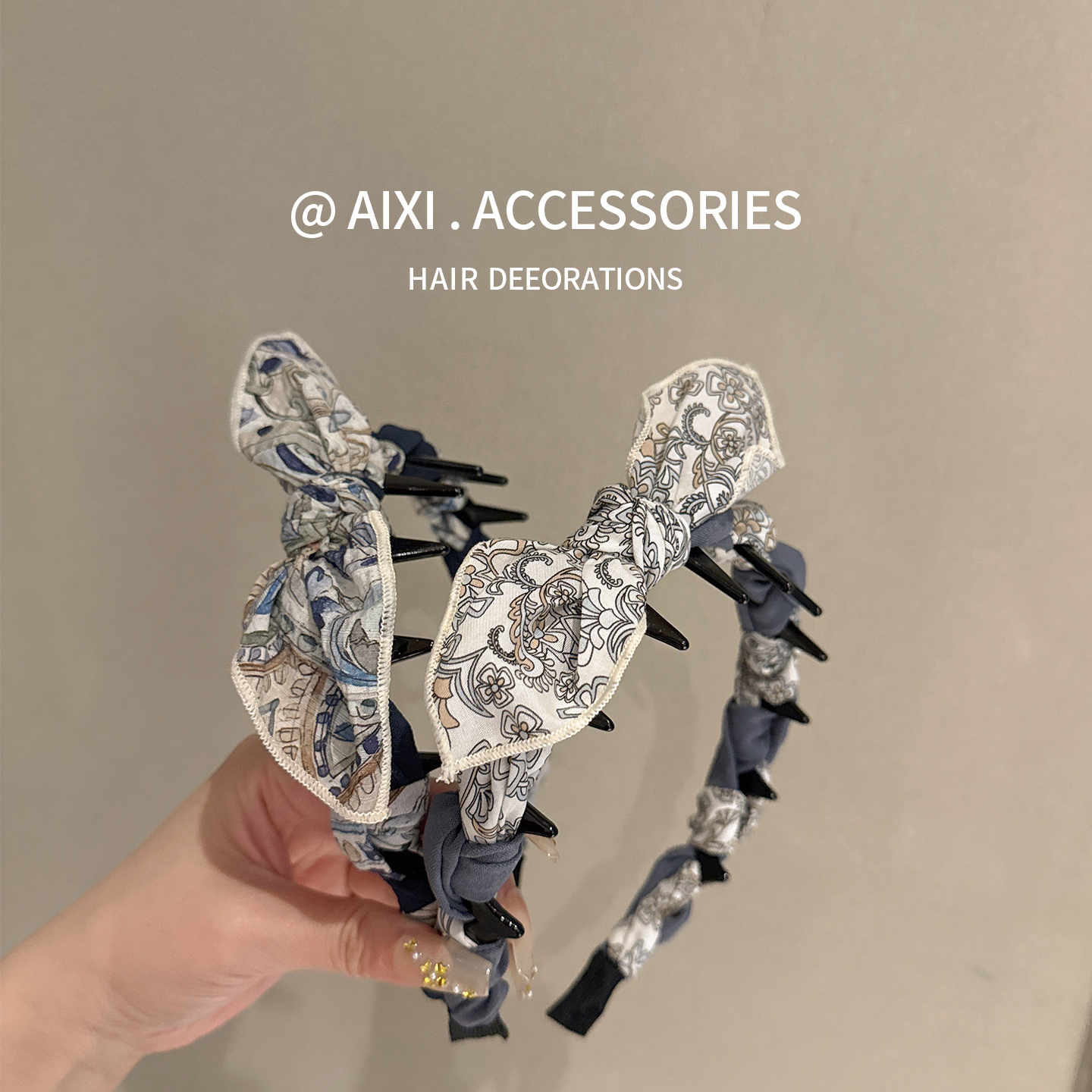 高级感牛仔蓝印花蝴蝶结发箍女波浪带齿防滑发卡可爱兔耳朵头箍