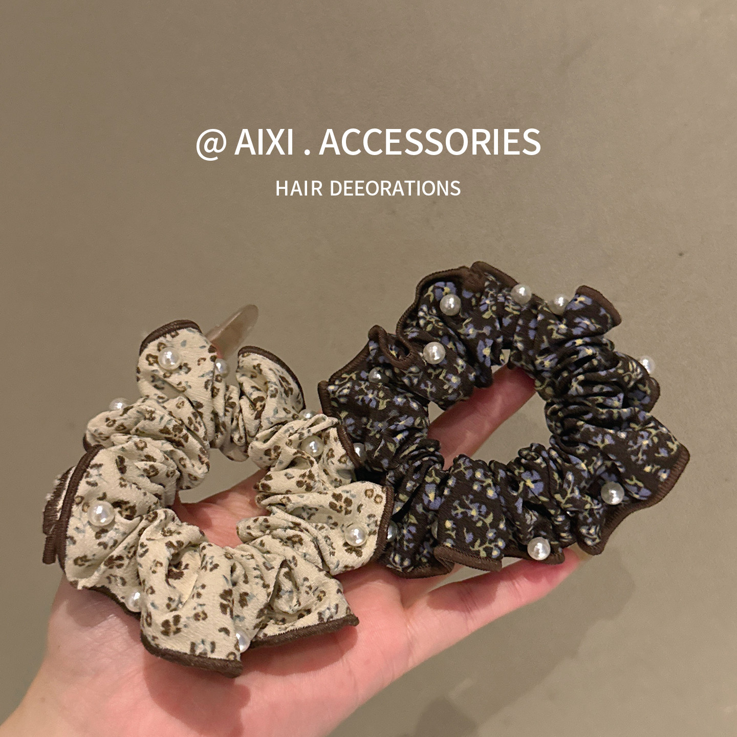 法式复古碎花珍珠布艺小肠发圈女简约丸子头发绳马尾扎头发皮筋