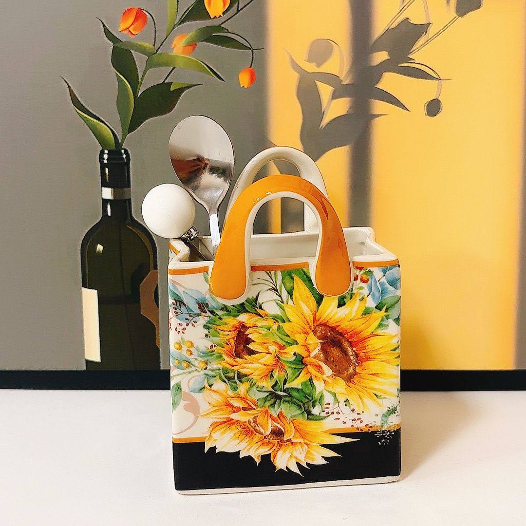 向日葵陶瓷手提袋包水果叉口红收纳瓶罐陶瓷摆件客餐厅花瓶化妆品,餐饮具,餐具笼/架,淘宝优惠券,粉丝福利购,淘宝优惠卷
