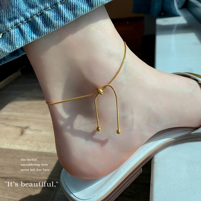 时尚高级感金色复古脚链夏天学生钛钢韩版简约ins可调节抽绳脚链