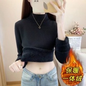 秋冬加绒加厚毛衣女一体绒百搭大码 半高领套头打底针织衫 保暖衣