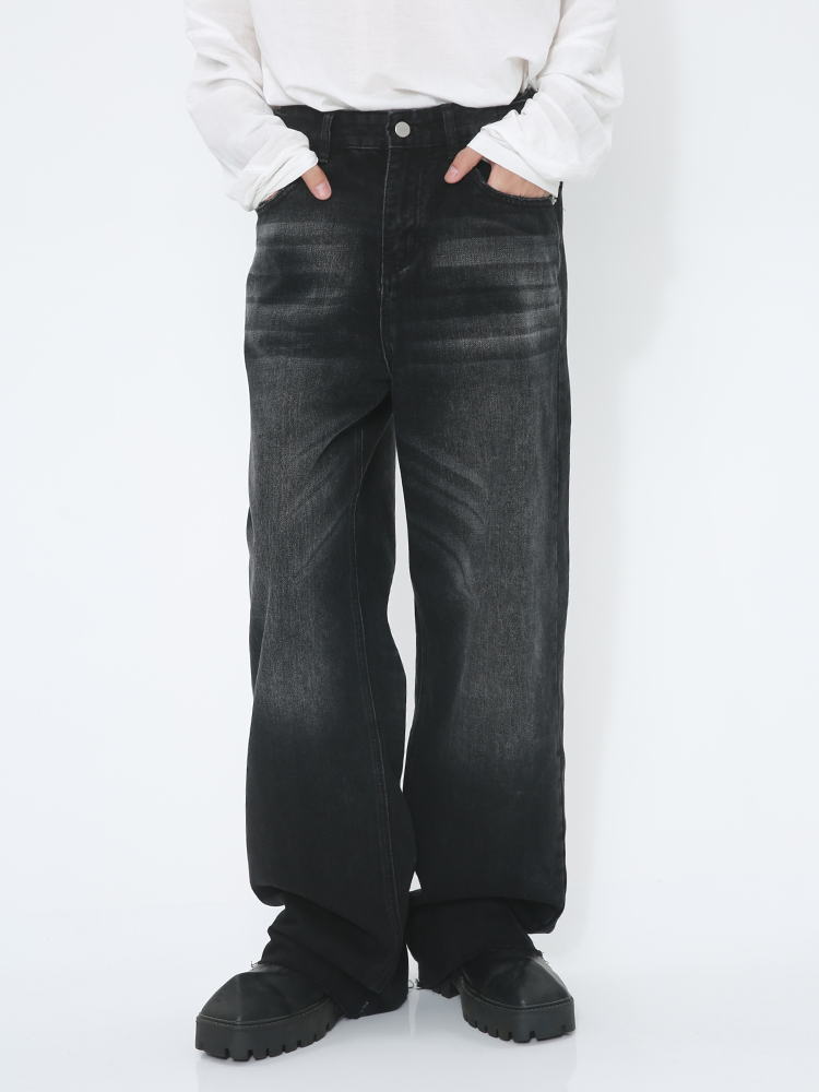 Voguo Relay oversize复古水洗垂感宽松牛仔裤黑色直筒毛边阔腿裤