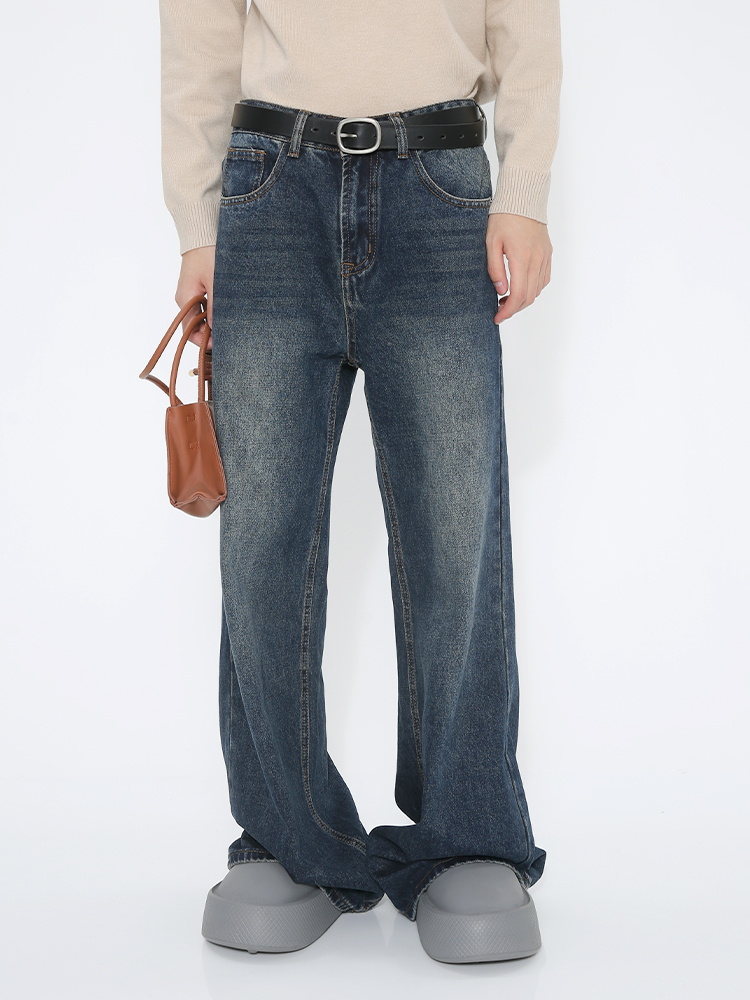 轻复古系列直筒拖地牛仔裤