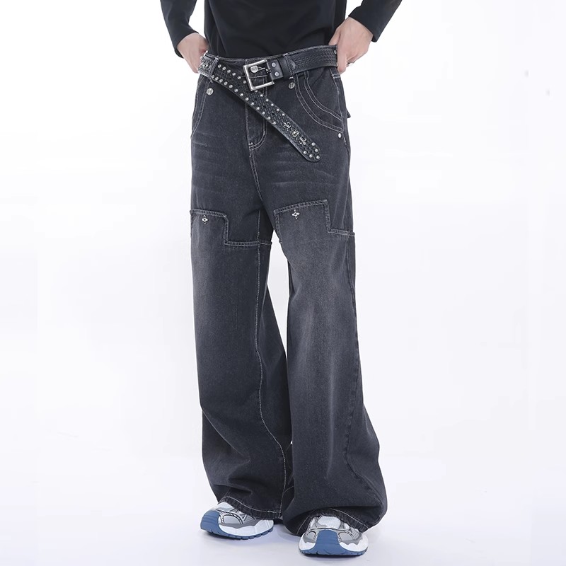 长款拼接四季阔腿牛仔蓝