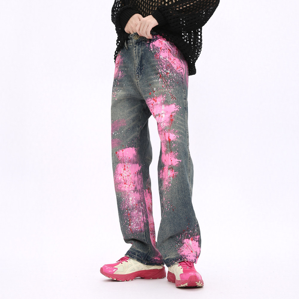 梅红泼墨涂鸦牛仔裤男女同款
