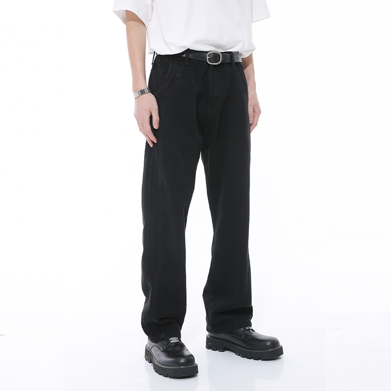 拉链长款拼接设计四季直筒牛仔裤