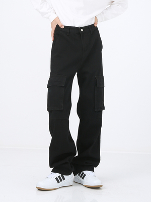 工装大口袋设计黑色牛仔裤