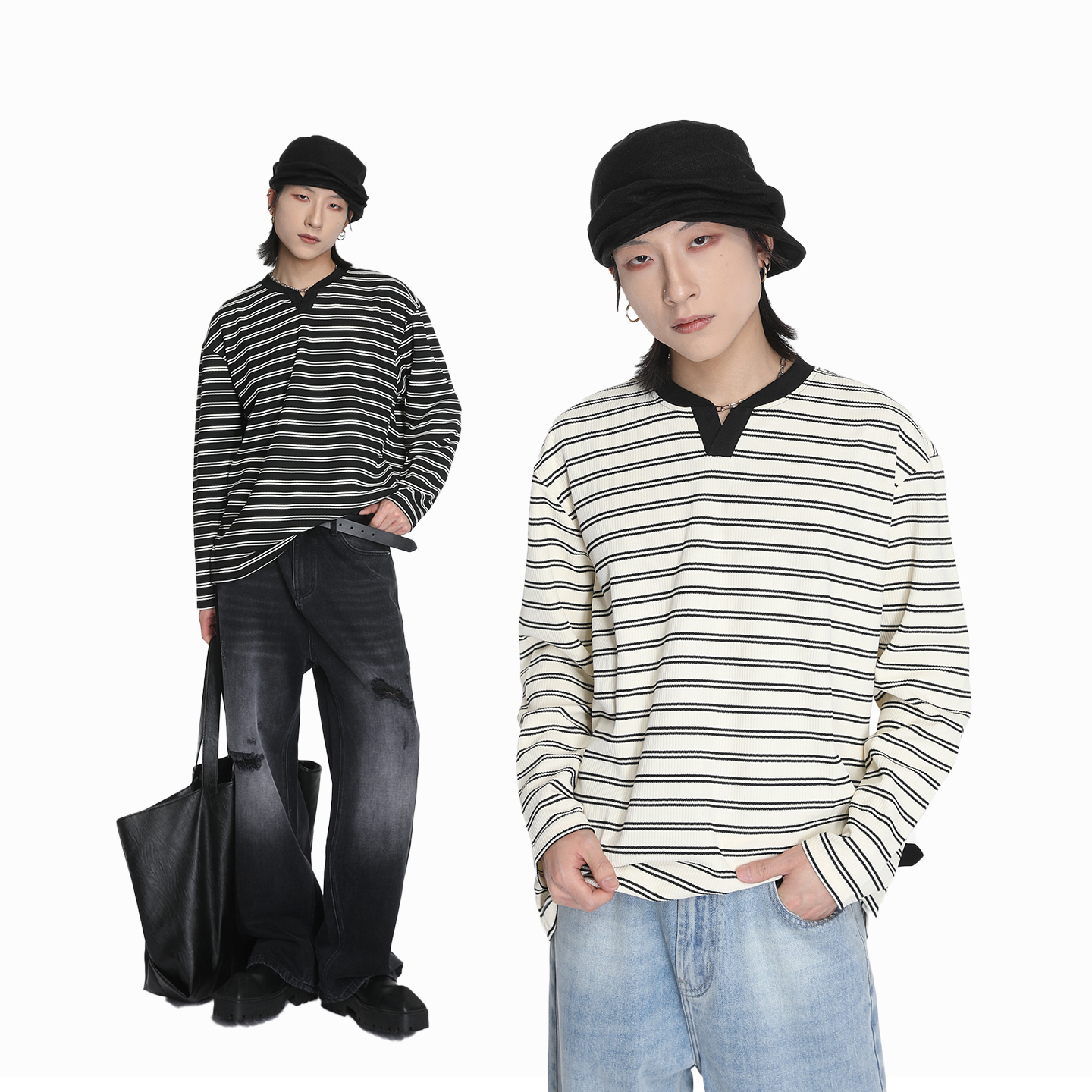 春季新款长袖基础T恤宽松v领