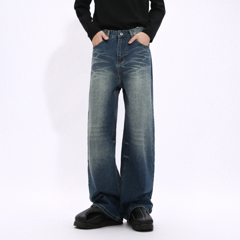 复古潮水洗猫须牛仔裤